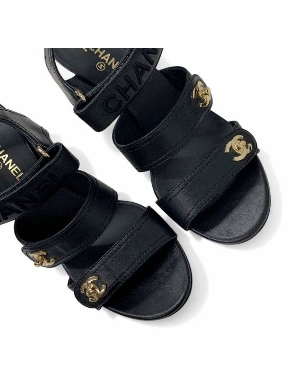 Chanel Sandals Shoes Leather Black Gold CC Logo Turnlock Velcro Strap - Picture 10 of 10